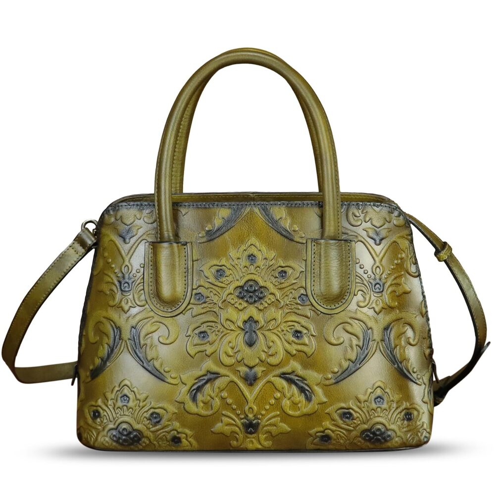 9937 Leather Handbag Top Handle Satchel Handmade Retro Embossed Leather - Picture 2 of 7